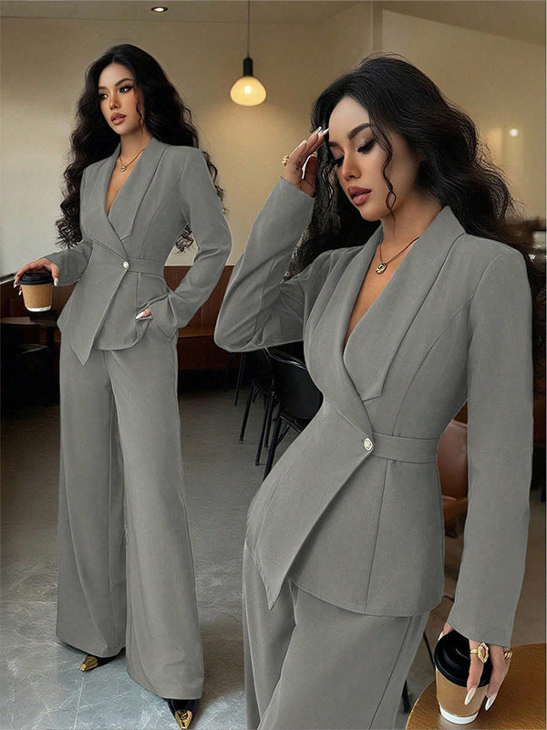 Chic Fashion Long Sleeve Suit Jacket and Straight Pants Two-Piece Set for Women