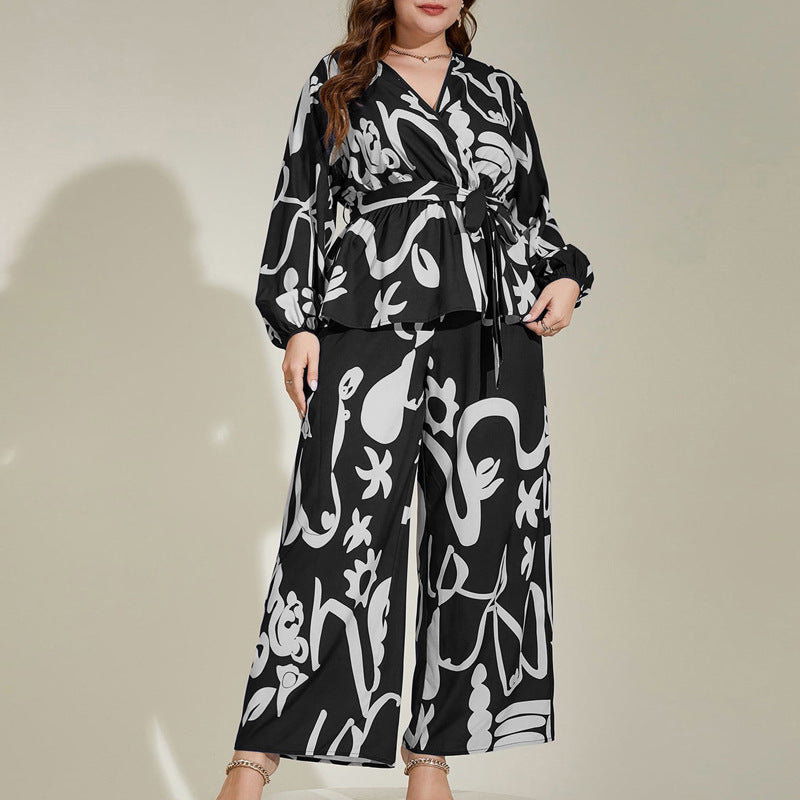 Big Size Women's Loose Retro Floral V-Neck Elegant Commuter Literary Middle Eastern Print Shirt Set