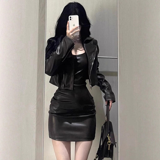 Retro Versatile American Chic Crop Leather Jacket Set, Melanin-Inspired Minimalist Black Elegant Two-Piece Outfit