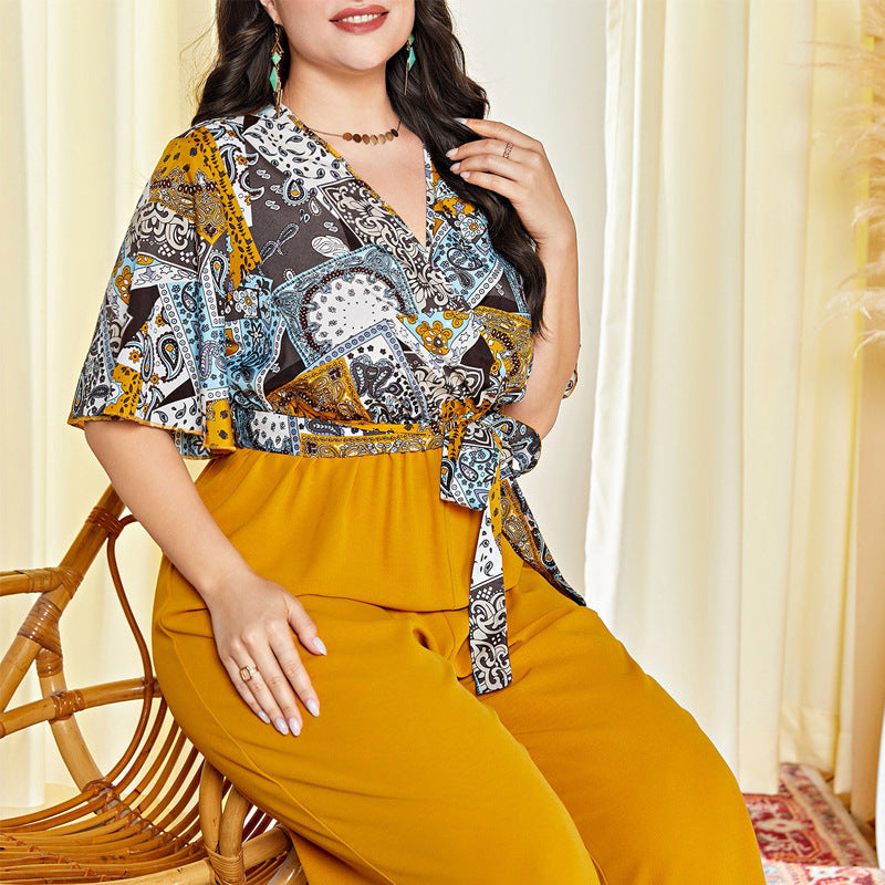 Chic Office-Style Printed Spliced V-Neck Straight Leg Jumpsuit for Women