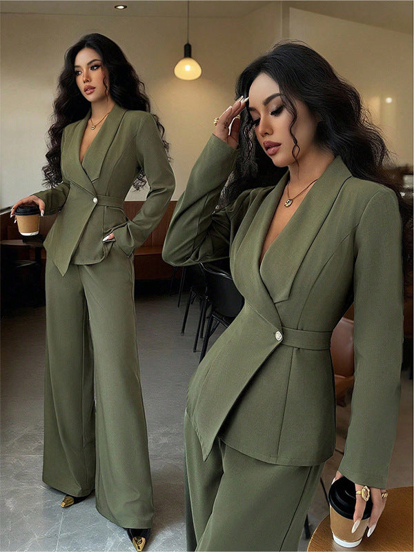 Chic Fashion Long Sleeve Suit Jacket and Straight Pants Two-Piece Set for Women