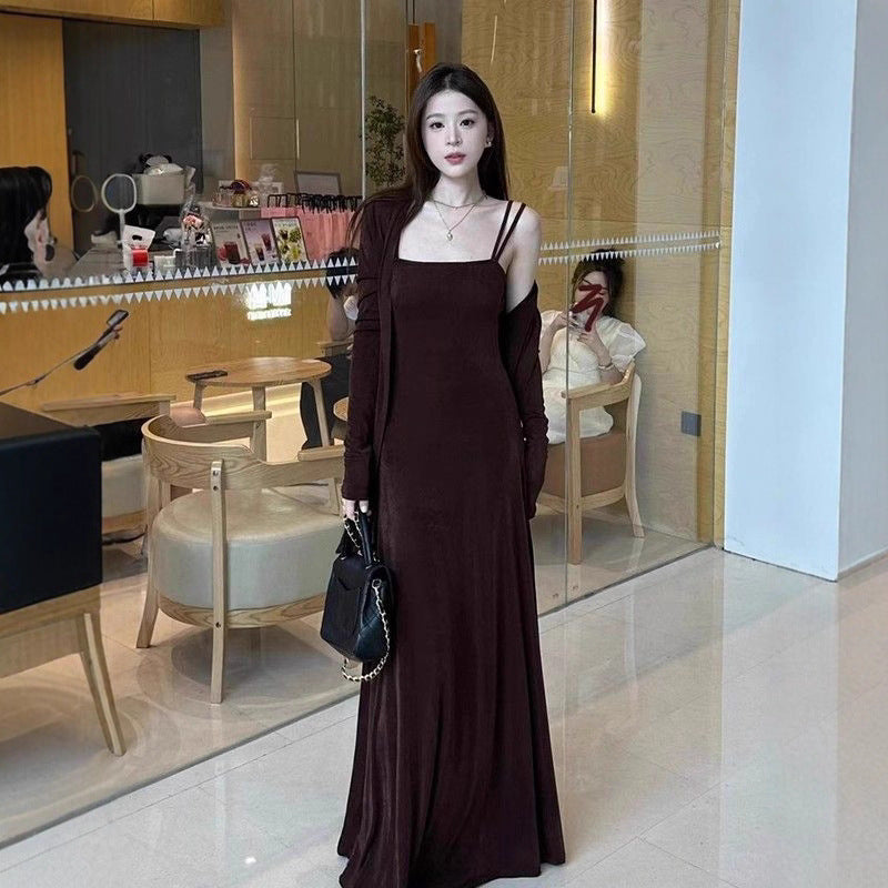 Elegant French Style Strap Dress Mid-Length Two-Piece Set with Coat, Chic and Sophisticated Look