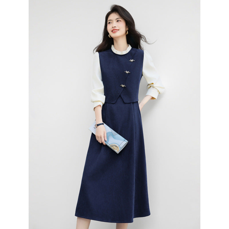French-style Mock Two-Piece Dress for Women, Office Wear with Lace Detailing, Elegant Long Sleeve Midi Dress