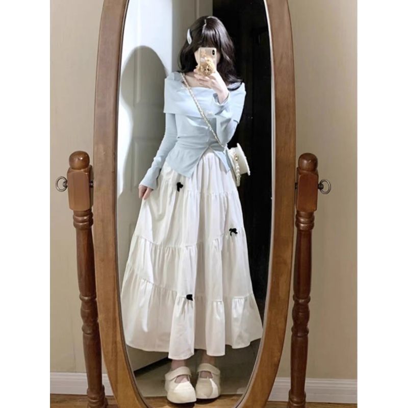 French Blue Long Sleeve Dress for Women, Autumn New Design Chic Style Elegant Maxi Dress Set