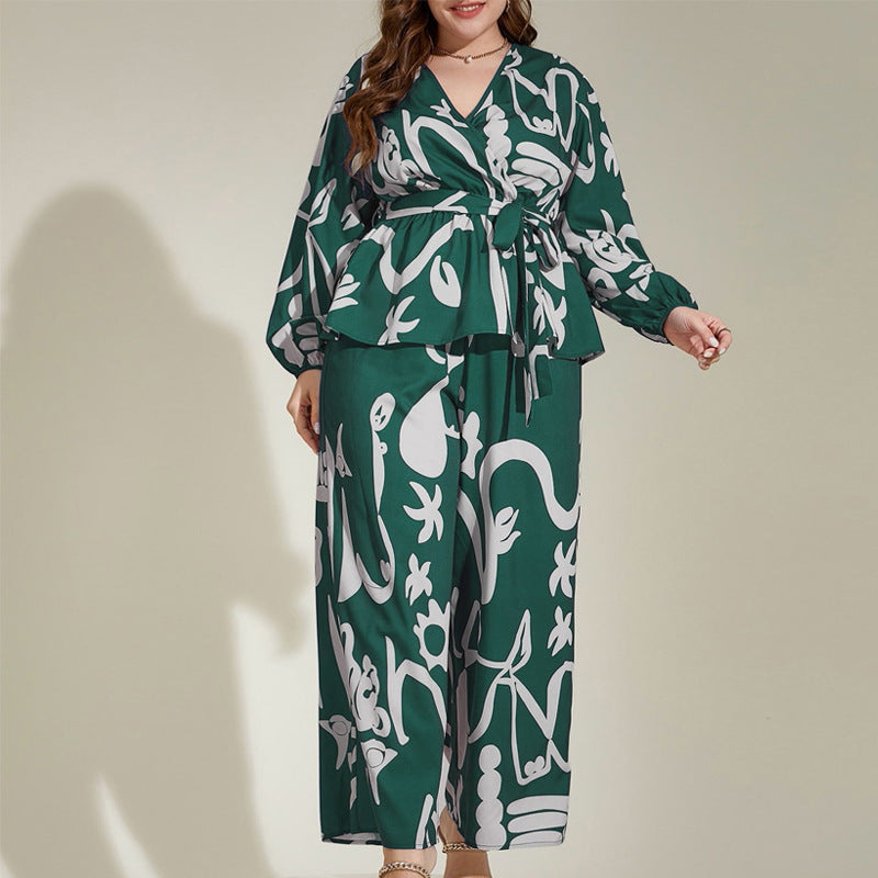 Big Size Women's Loose Retro Floral V-Neck Elegant Commuter Literary Middle Eastern Print Shirt Set