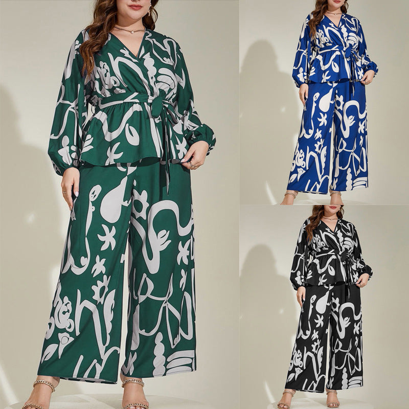 Big Size Women's Loose Retro Floral V-Neck Elegant Commuter Literary Middle Eastern Print Shirt Set