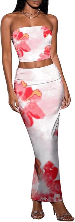 Sexy Fitted Strapless Floral Crop Top amp Bodycon Skirt Two-Piece Set for Women