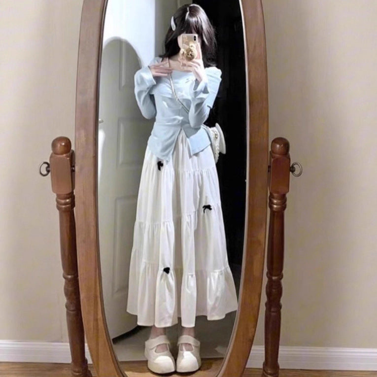 French Blue Long Sleeve Dress for Women, Autumn New Design Chic Style Elegant Maxi Dress Set