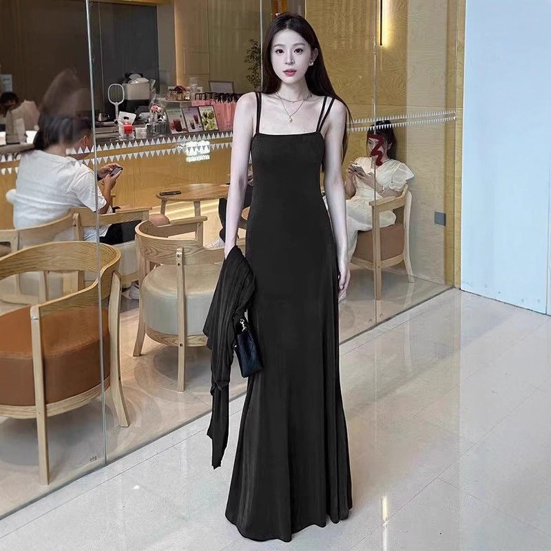 Elegant French Style Strap Dress Mid-Length Two-Piece Set with Coat, Chic and Sophisticated Look