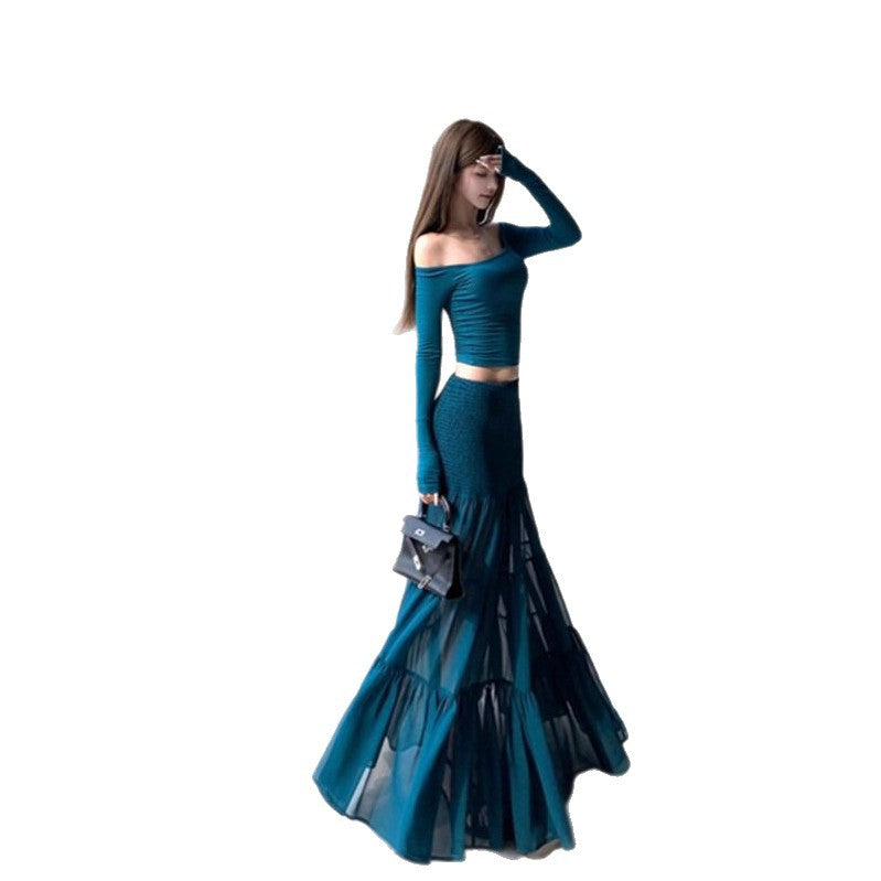 One-Shoulder Fitted Sexy Long Sleeve T-Shirt for Women, Autumn Fashion Set with High-Waisted Flared Skirt, Two-Piece Outfit