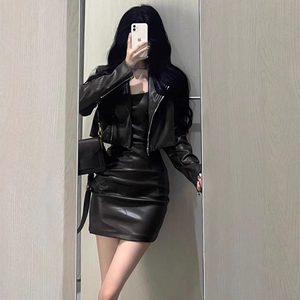 Retro Versatile American Chic Crop Leather Jacket Set, Melanin-Inspired Minimalist Black Elegant Two-Piece Outfit