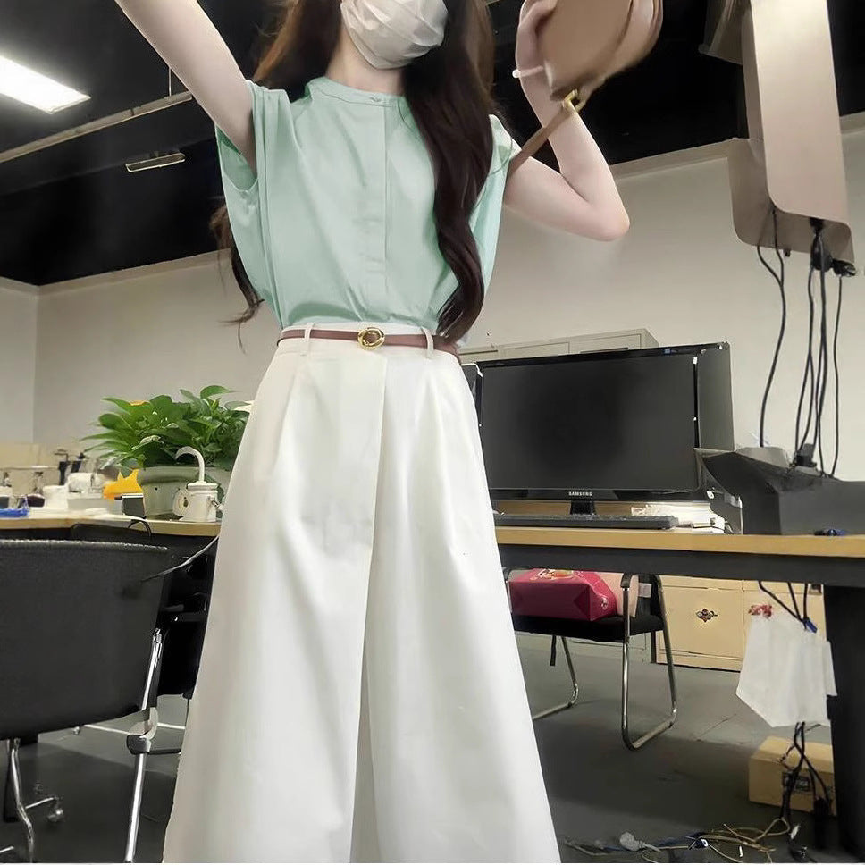 Summer Workwear Set: Elegant and Professional Shirt and Skirt Outfit with Belt