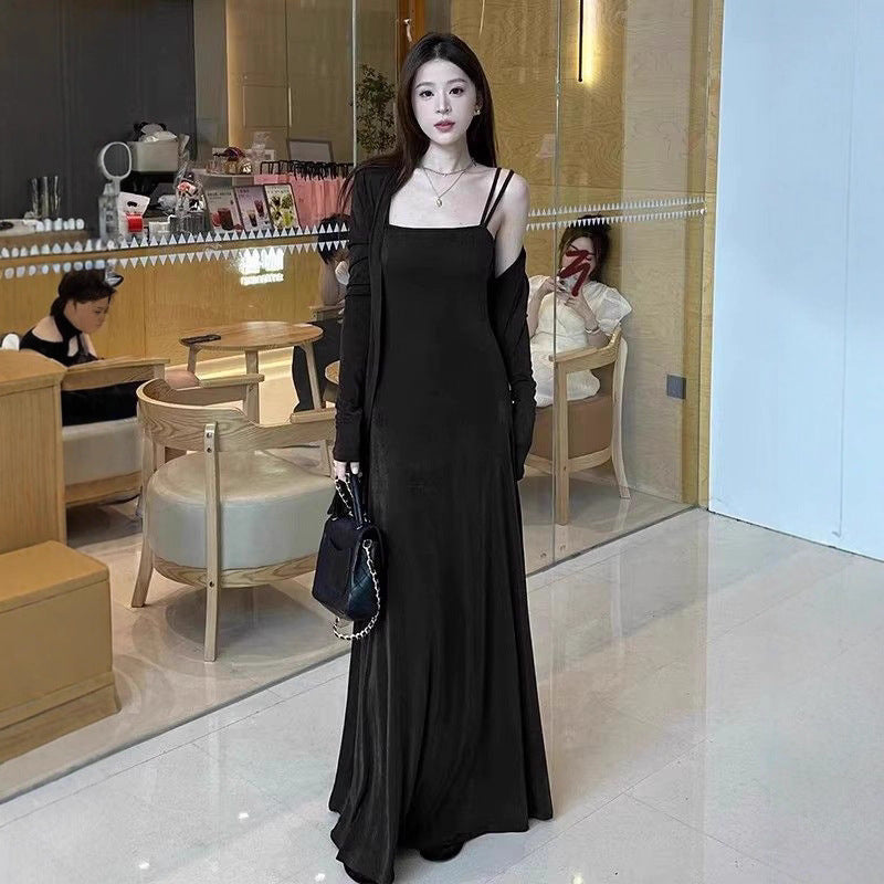 Elegant French Style Strap Dress Mid-Length Two-Piece Set with Coat, Chic and Sophisticated Look