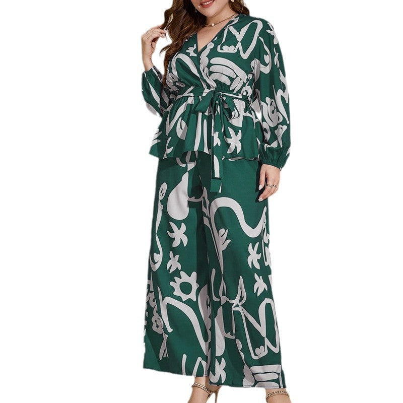 Big Size Women's Loose Retro Floral V-Neck Elegant Commuter Literary Middle Eastern Print Shirt Set