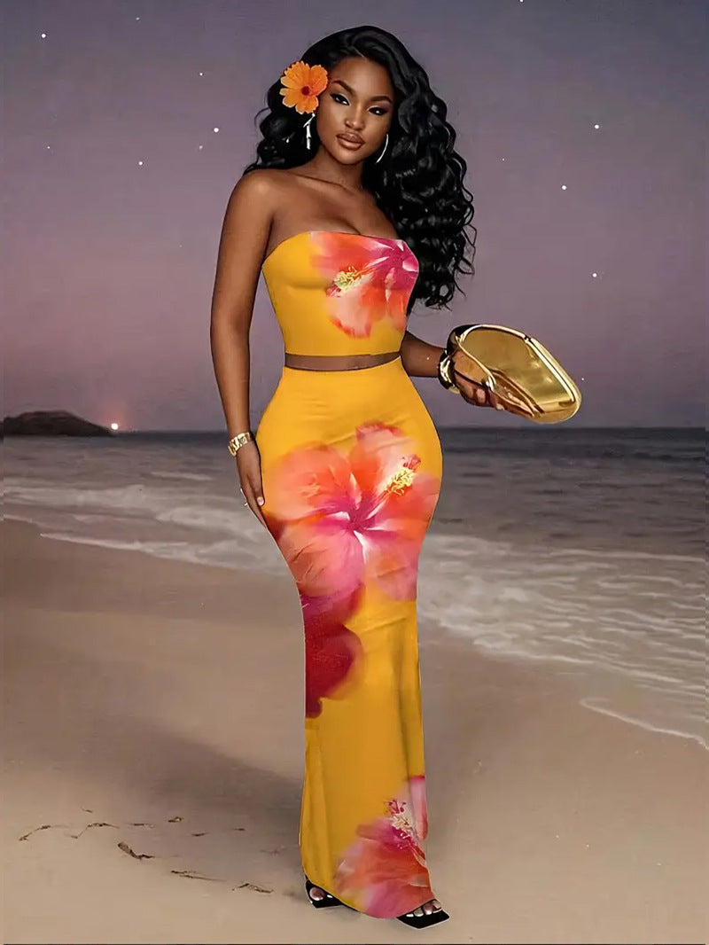 Sexy Fitted Strapless Floral Crop Top amp Bodycon Skirt Two-Piece Set for Women