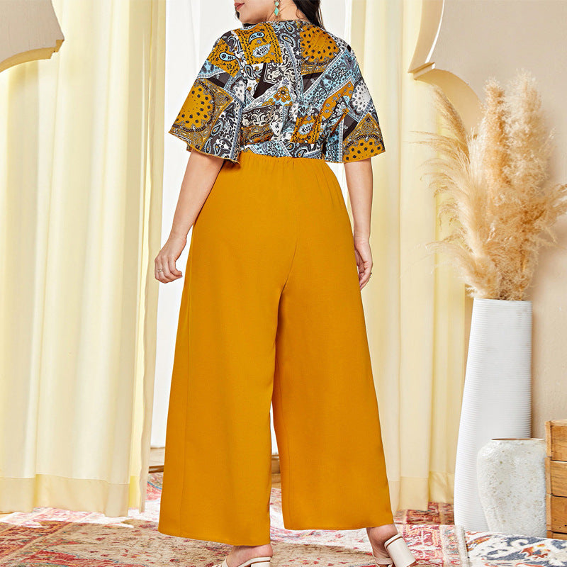 Chic Office-Style Printed Spliced V-Neck Straight Leg Jumpsuit for Women