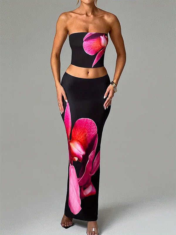 Sexy Fitted Strapless Floral Crop Top amp Bodycon Skirt Two-Piece Set for Women