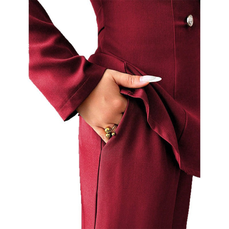 Chic Fashion Long Sleeve Suit Jacket and Straight Pants Two-Piece Set for Women