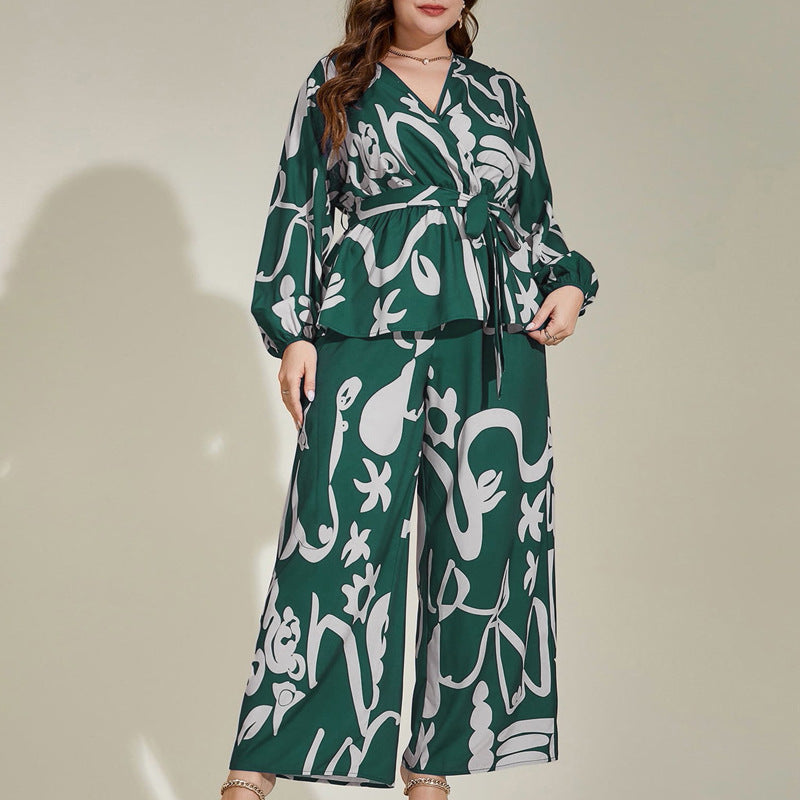 Big Size Women's Loose Retro Floral V-Neck Elegant Commuter Literary Middle Eastern Print Shirt Set