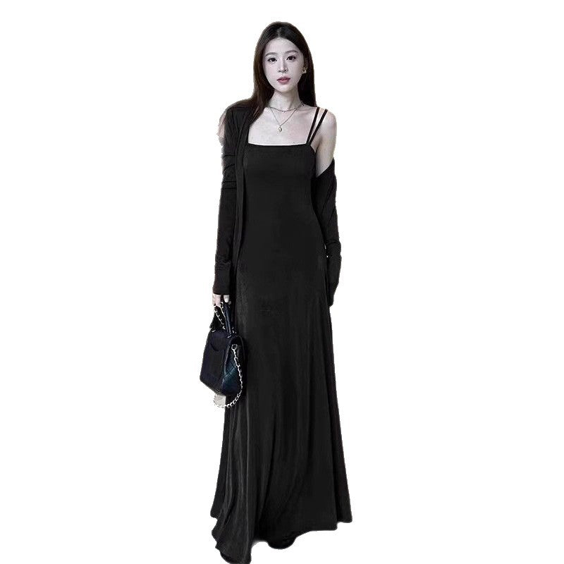 Elegant French Style Strap Dress Mid-Length Two-Piece Set with Coat, Chic and Sophisticated Look