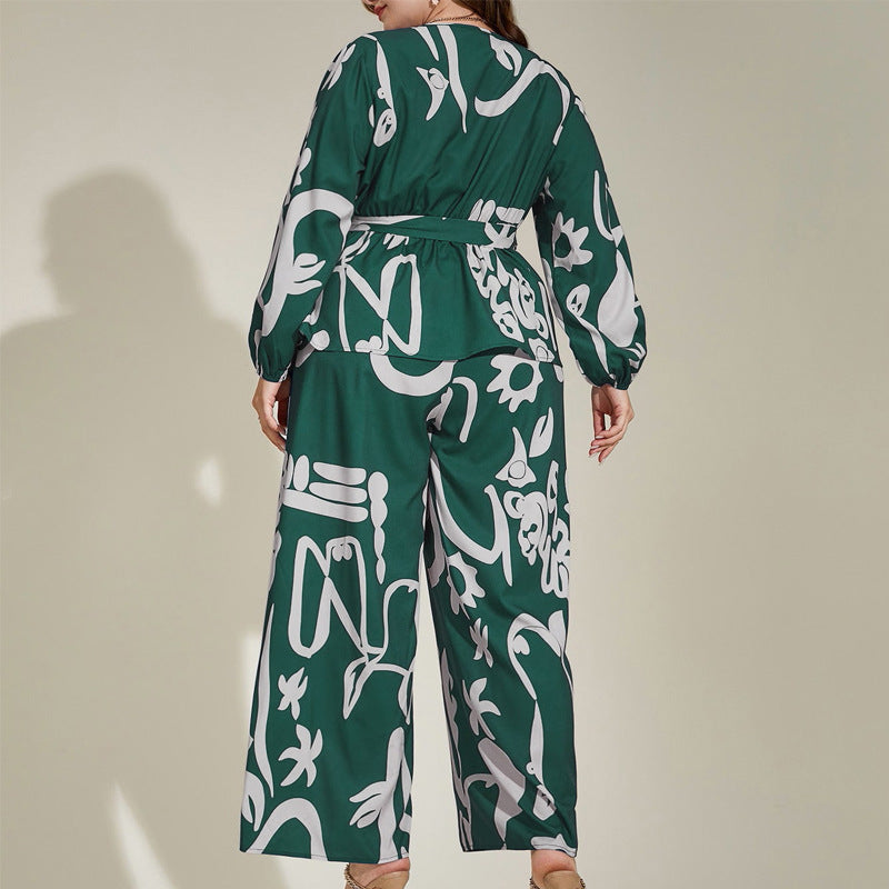 Big Size Women's Loose Retro Floral V-Neck Elegant Commuter Literary Middle Eastern Print Shirt Set