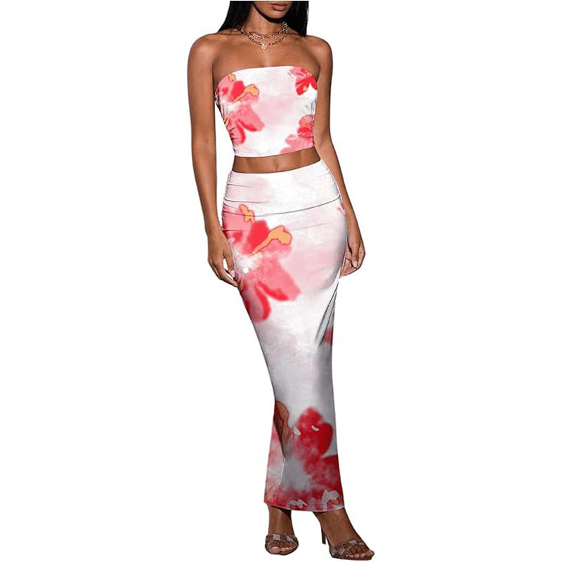 Sexy Fitted Strapless Floral Crop Top amp Bodycon Skirt Two-Piece Set for Women
