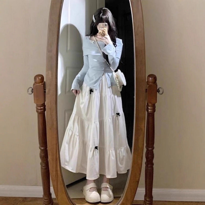 French Blue Long Sleeve Dress for Women, Autumn New Design Chic Style Elegant Maxi Dress Set