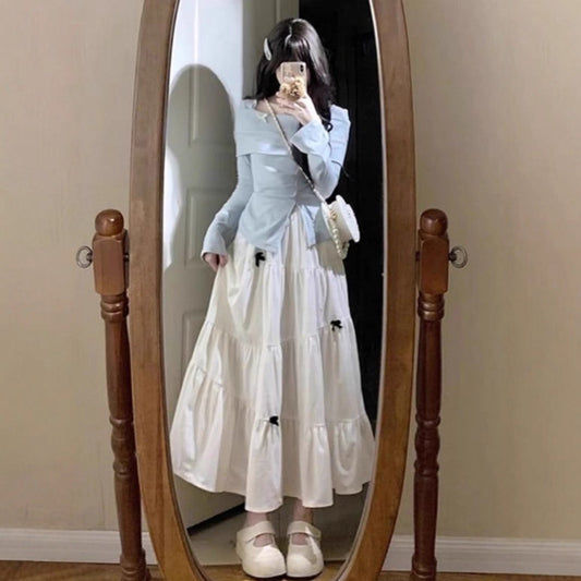 French Blue Long Sleeve Dress for Women, Autumn New Design Chic Style Elegant Maxi Dress Set