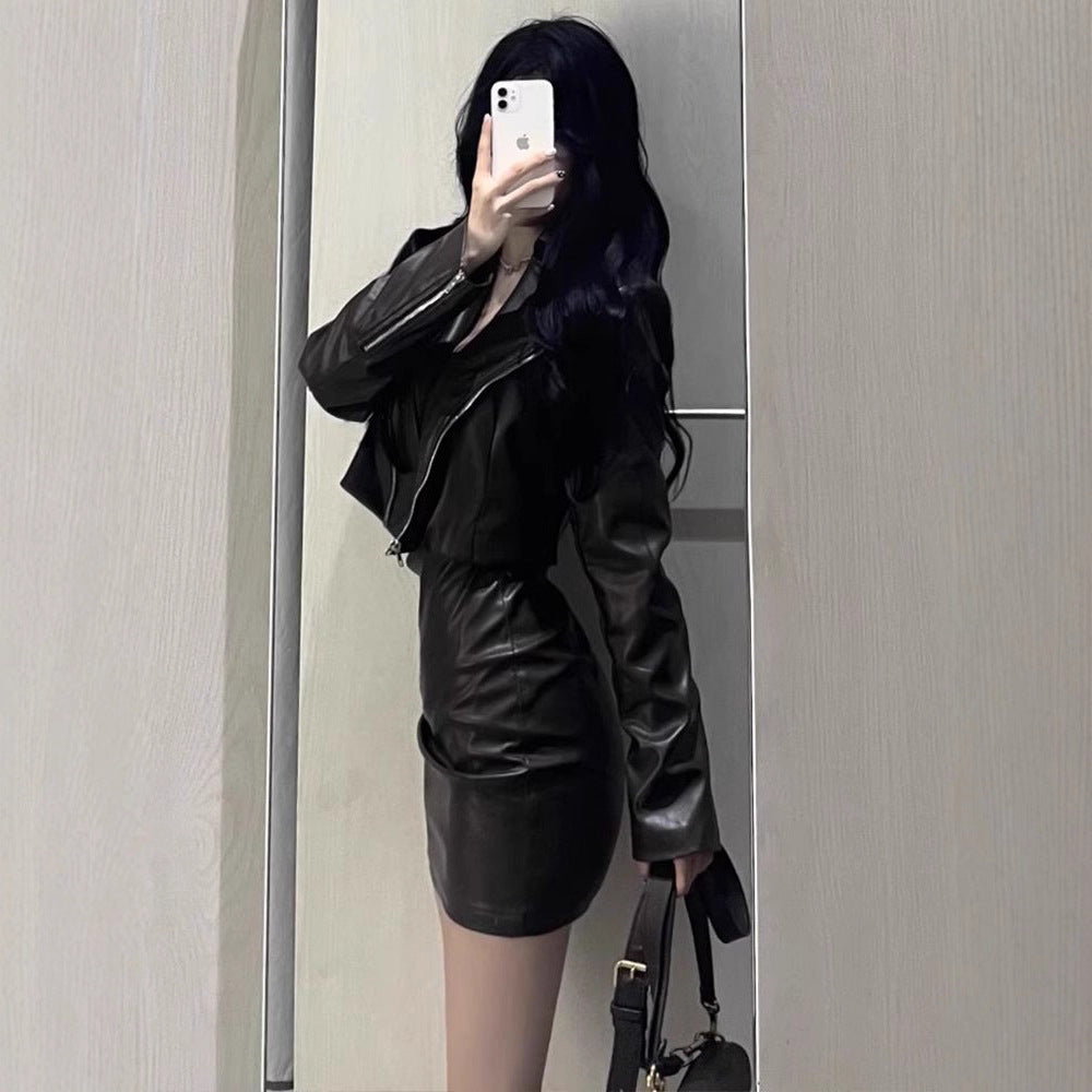 Retro Versatile American Chic Crop Leather Jacket Set, Melanin-Inspired Minimalist Black Elegant Two-Piece Outfit