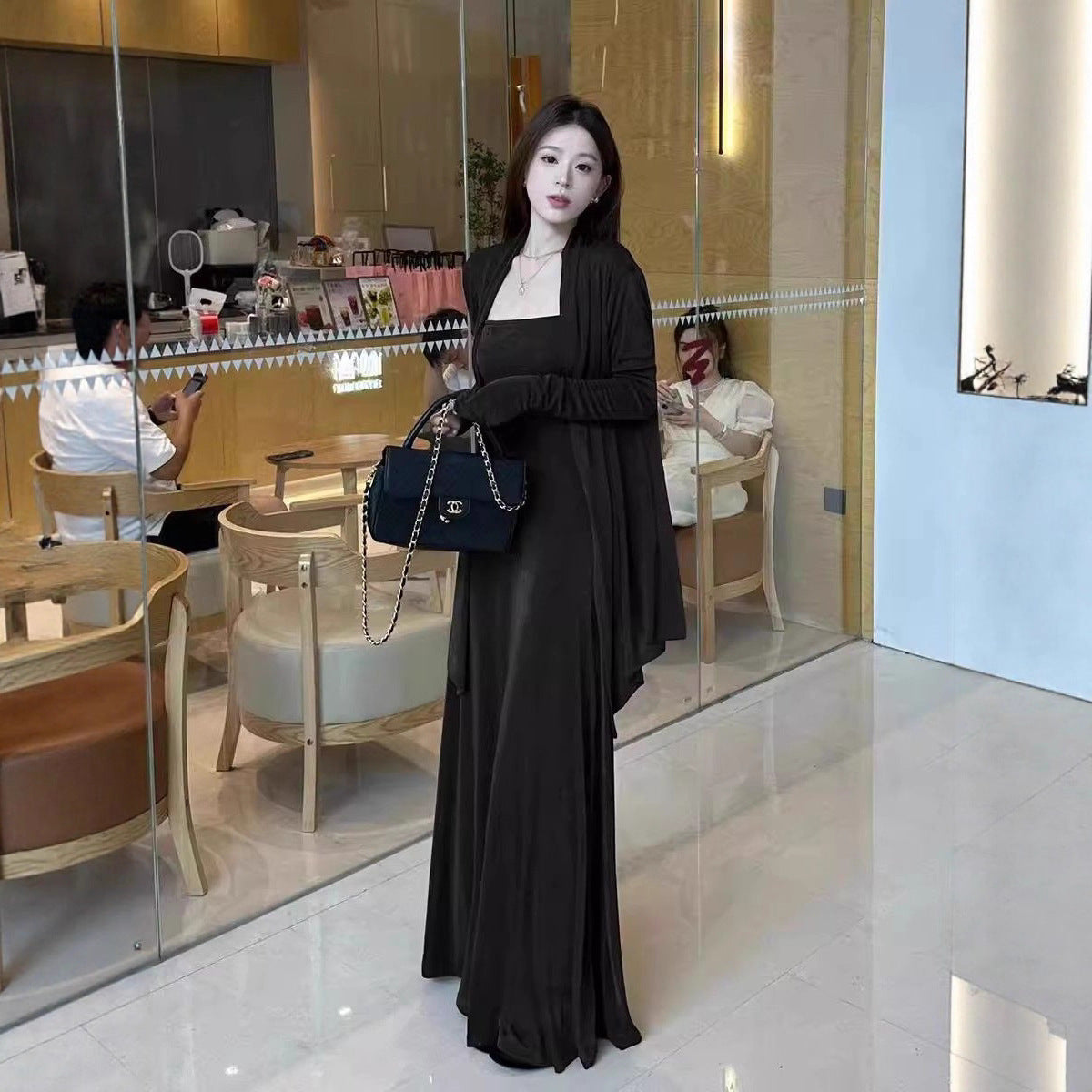 Elegant French Style Strap Dress Mid-Length Two-Piece Set with Coat, Chic and Sophisticated Look