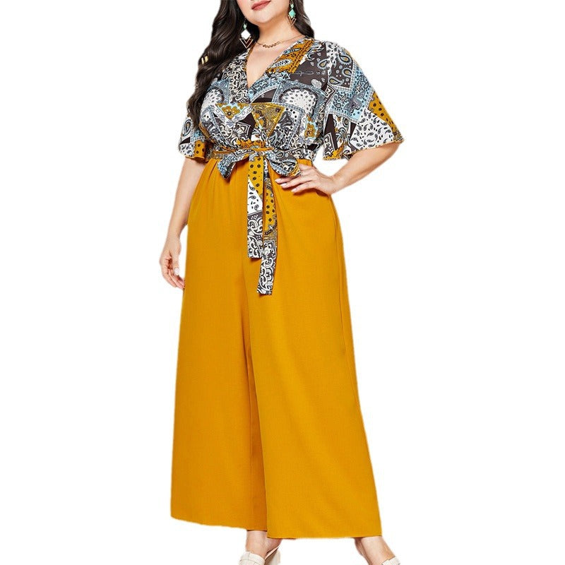 Chic Office-Style Printed Spliced V-Neck Straight Leg Jumpsuit for Women