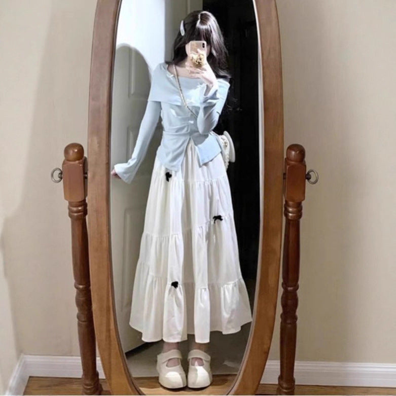 French Blue Long Sleeve Dress for Women, Autumn New Design Chic Style Elegant Maxi Dress Set