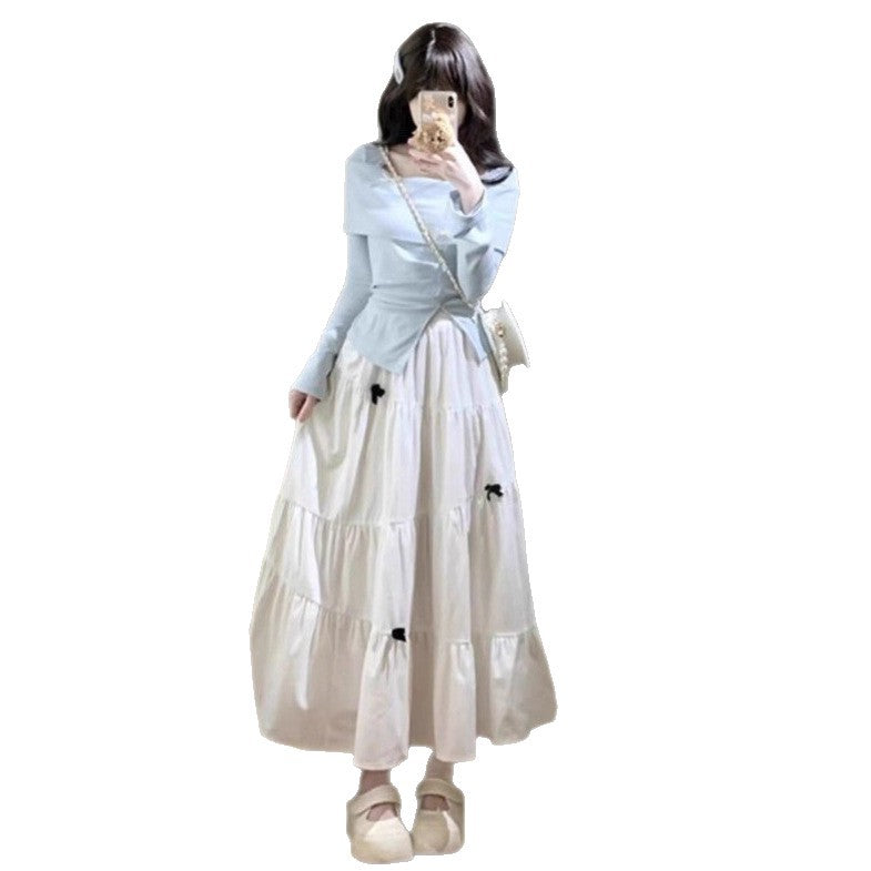 French Blue Long Sleeve Dress for Women, Autumn New Design Chic Style Elegant Maxi Dress Set