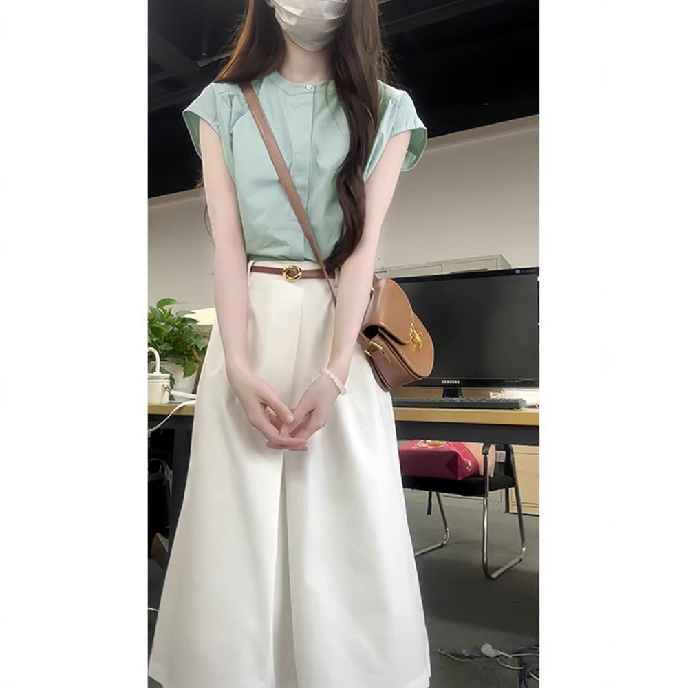 Summer Workwear Set: Elegant and Professional Shirt and Skirt Outfit with Belt