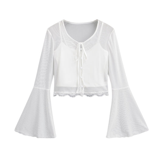 Mesh lace V-neck two-piece T-shirt set