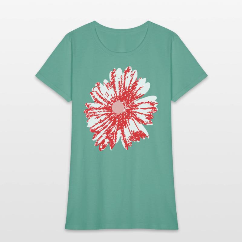 A vibrant red graphic design featuring abstract