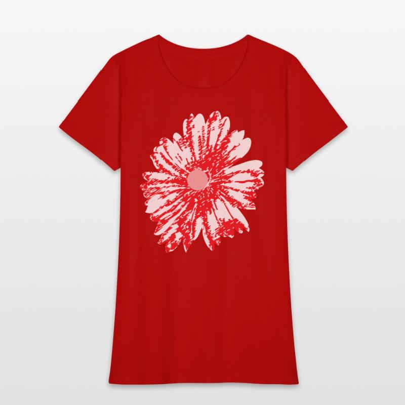 A vibrant red graphic design featuring abstract