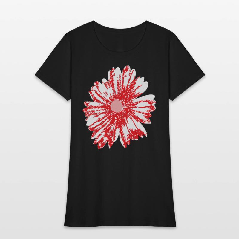 A vibrant red graphic design featuring abstract