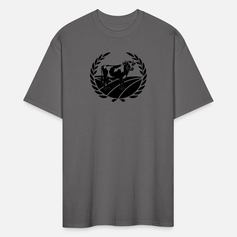 Cow in landscape with laurel wreath