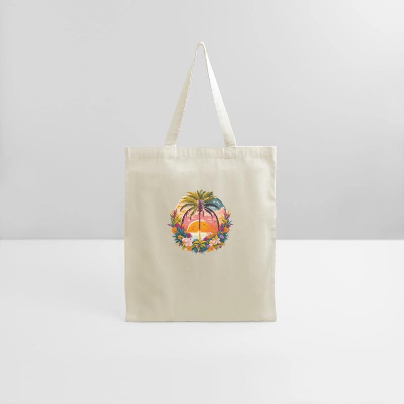 Idyllic sunset landscape with palm tree and flower