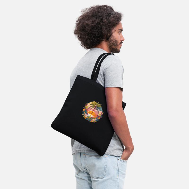 Idyllic sunset landscape with palm tree and flower