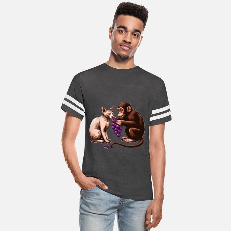 Monkey feeds sphinx cat with grapes