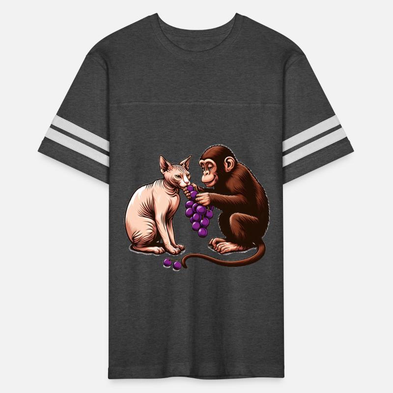 Monkey feeds sphinx cat with grapes