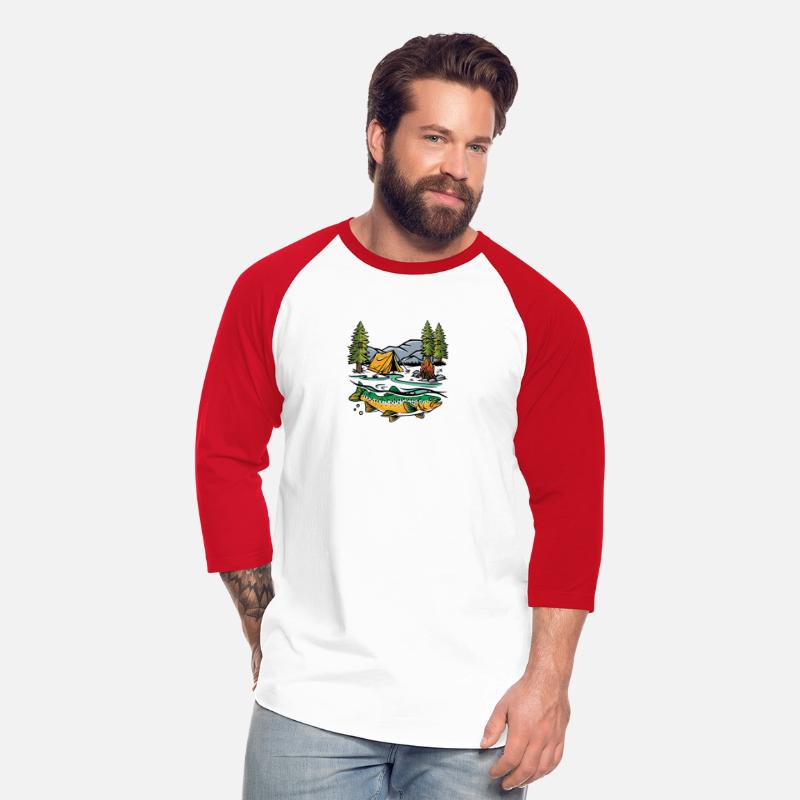 Trout fish with campground and mountains