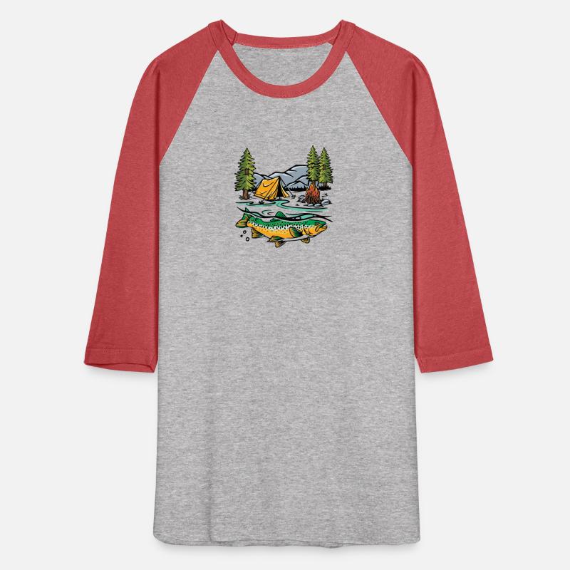 Trout fish with campground and mountains