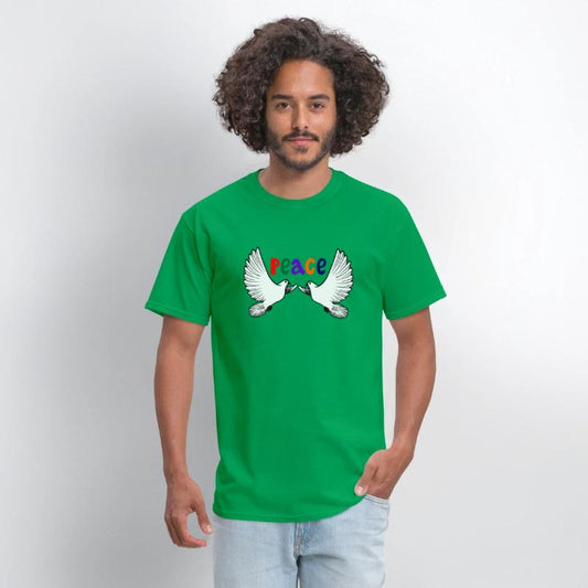 Two white peace doves with colored text in English